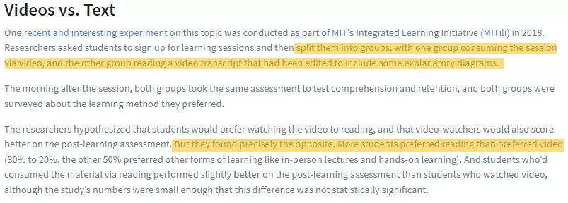 study showing comparison of text vs video learning