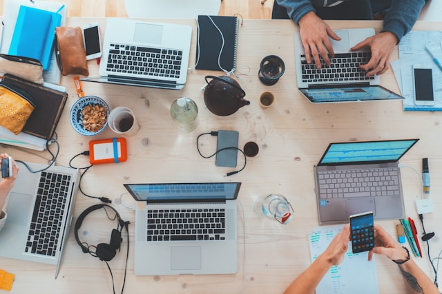 people working at table
