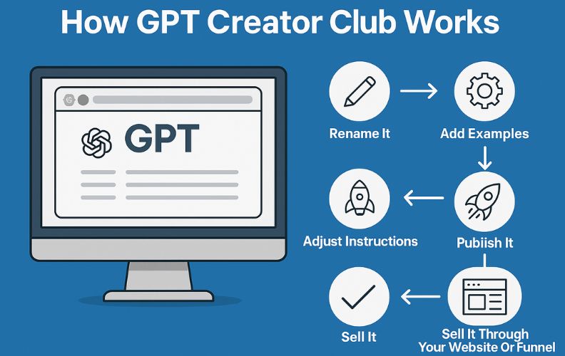 how gpt creator club works Illustration showing how GPT Creator Club works with rename, add examples, adjust instructions, publish, and sell steps
