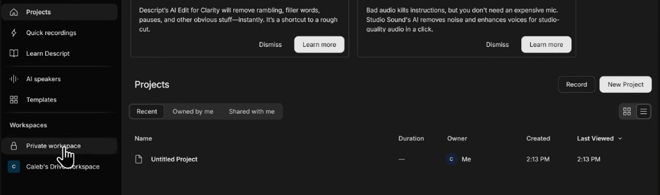 workspace in descript projects