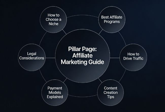 pillar page connected to multiple subtopic pages Content cluster diagram showing a pillar page connected to multiple subtopic pages