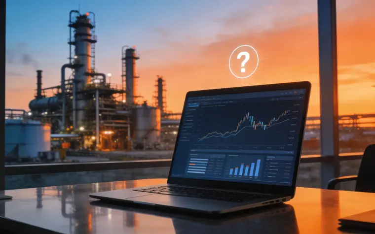 Oil refinery with laptop laptop showing oil trading analysis with refinery in background at sunset
