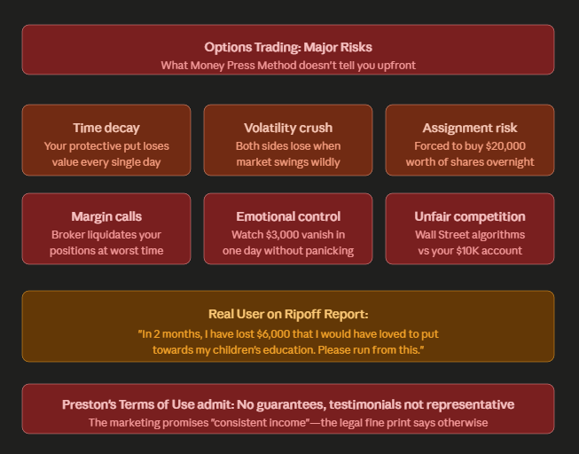 Options Trading Risk Warning Warning diagram showing six major risks of options trading: time decay eroding protective put value daily, volatility crush causing losses on both sides, assignment risk forcing overnight purchase of $20,000 in shares, margin calls triggering forced liquidation, emotional control difficulty when losing $3,000 in one day, and competing against Wall Street algorithms. Includes real user quote: 'In 2 months I lost $6,000 that I would have loved to put towards my children's education.
