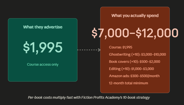 Real Cost Breakdown Fiction Profits Academy cost breakdown showing $1,995 advertised price versus $7,000-$12,000 actual investment including ghostwriting and production costs