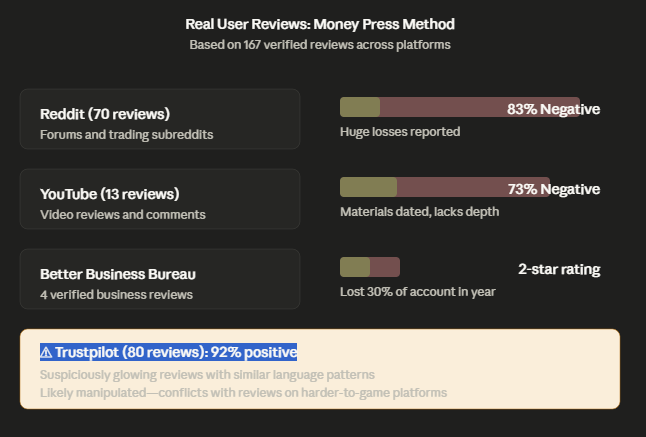 Review Sentiment Breakdown Review sentiment analysis showing Money Press Method has 83% negative reviews on Reddit (70 reviews citing huge losses), 73% negative on YouTube (13 reviews noting dated materials), 2-star rating on Better Business Bureau (users lost 30% of accounts), and 92% positive on Trustpilot (flagged as potentially manipulated with suspicious language patterns)