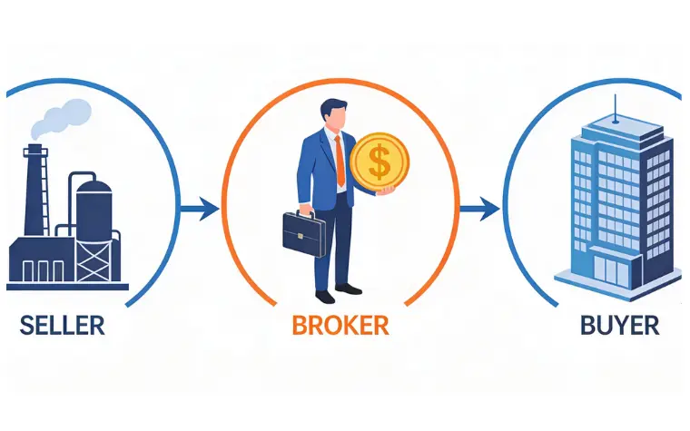 Seller-Broker-Buyer diagram How oil brokering works - middleman connecting oil sellers and buyers for commission