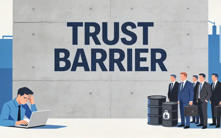 Trust Barrier illustration Illustration showing trust barrier between beginner oil brokers and industry executives