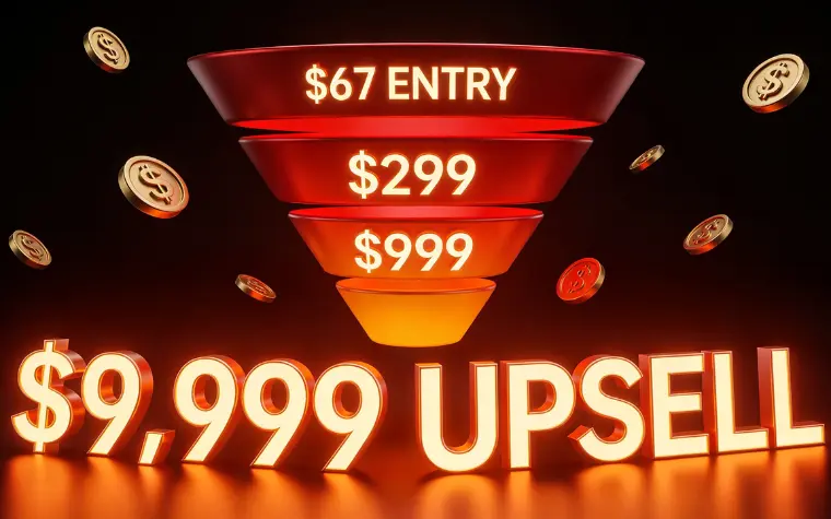 Upsell funnel O-Farming pricing funnel showing $67 entry fee and progressive upsells to $9,999