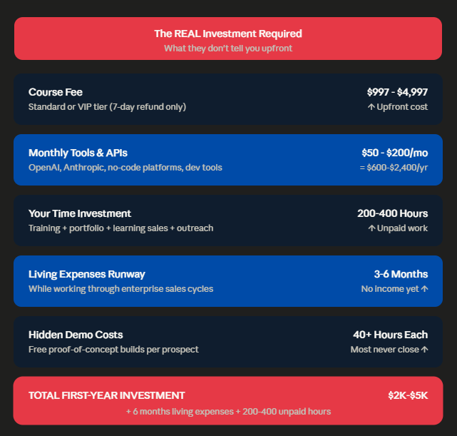 the real investment required AI Agent Bootcamp total investment breakdown: $997-$4,997 course fee plus $600-$2,400 yearly tools, 200-400 unpaid hours, 3-6 months living expenses, totaling $2K-$5K first year