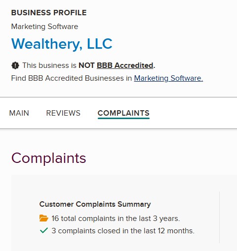 wealthery bbb complaints