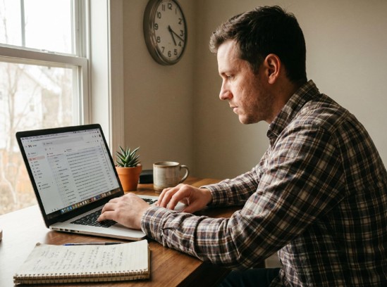 An entrepreneur monitoring email response times on a laptop