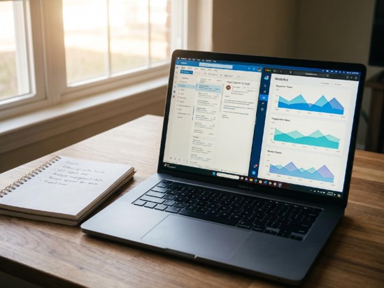 Laptop displaying an email inbox alongside email analytics charts