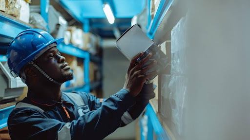 A warehouse worker using a tablet beside stocked shelves