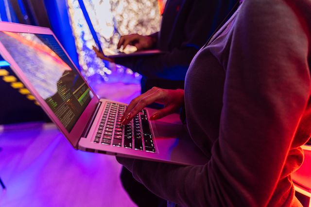 Two professionals analyzing data on laptops
