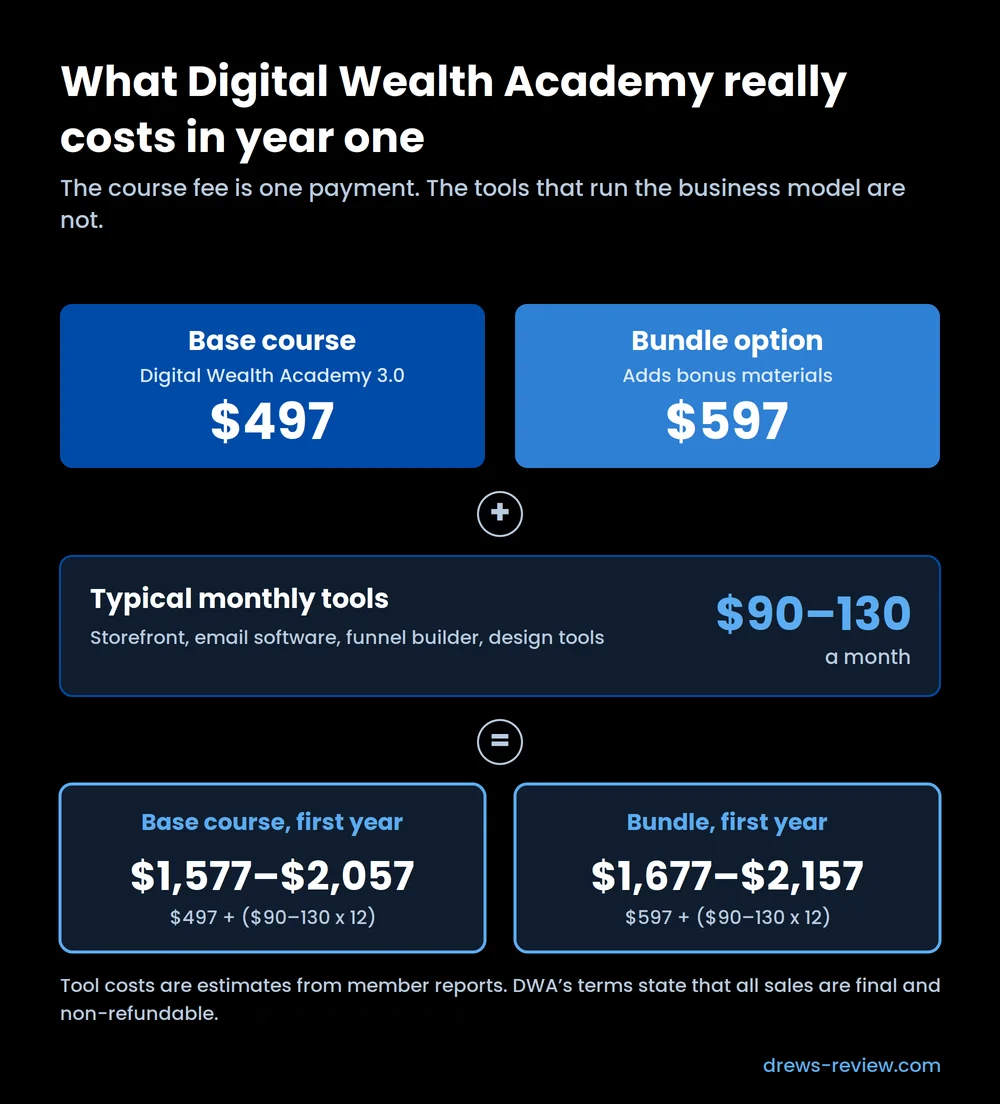 digital-wealth-academy-first-year-cost Digital Wealth Academy first-year cost: $497 base course or $597 bundle, plus $90 to $130 a month in tools, totaling $1,577 to $2,157