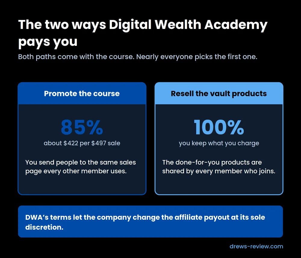 digital-wealth-academy-two-payouts The two ways Digital Wealth Academy pays: 85% commission of about $422 per sale for promoting the course, or 100% of what you charge for reselling vault products