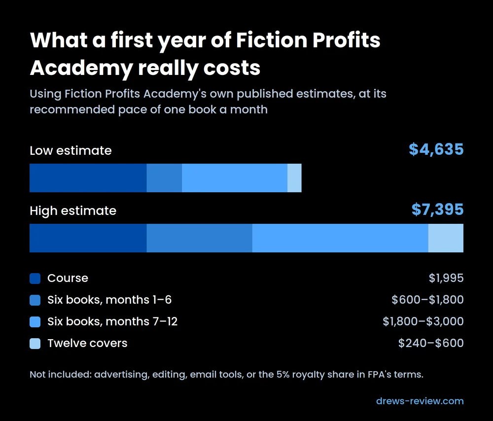 fiction-profits-academy-first-year-cost-breakdown Stacked bar chart showing a first year of Fiction Profits Academy costing $4,635 to $7,395, covering the $1,995 course plus ghostwriting and covers