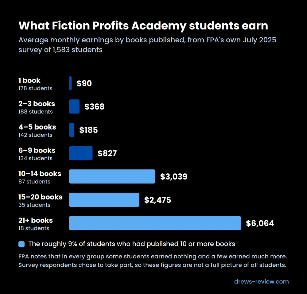fiction-profits-academy-student-earnings-survey Bar chart of Fiction Profits Academy student earnings from its July 2025 survey, from $90 a month with one book to $6,064 with 21 or more books