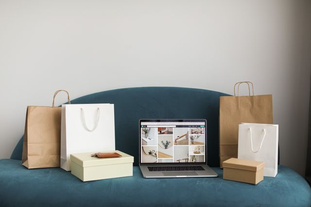 A laptop surrounded by shopping bags and boxes